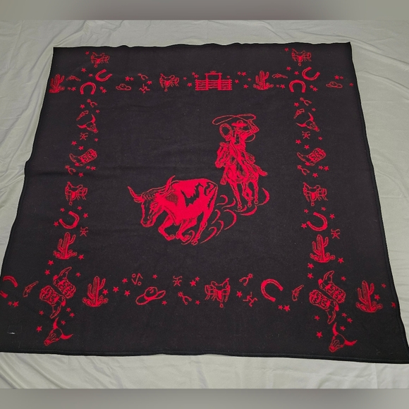Vintage Pendleton Woolen Mill Store Cowboy Rodeo Bull Western Wool Blanket - Picture 9 of 11